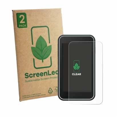 Vorderseite einer Produktverpackung mit dem Markenlogo ScreenLeaf. Daneben ist das Gerät Shot Scope H50 mit dem zugehörigen Di