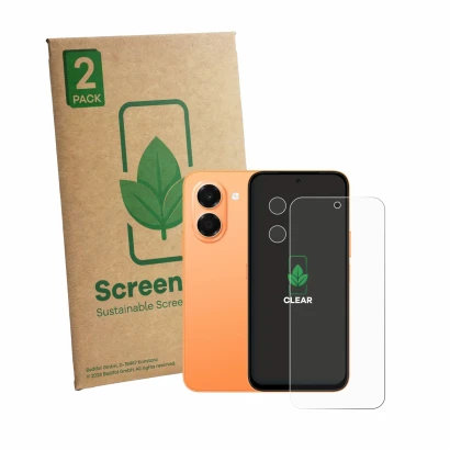Vorderseite einer Produktverpackung mit dem Markenlogo ScreenLeaf. Daneben ist das Gerät Honor X7e (Display+Kamera) mit dem zu