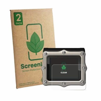 Vorderseite einer Produktverpackung mit dem Markenlogo ScreenLeaf. Daneben ist das Gerät Shearwater Perdix 3 mit dem zugehörig