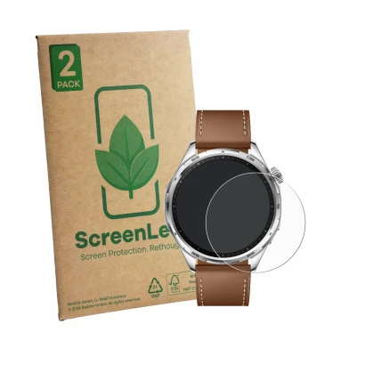 Vorderseite einer Produktverpackung mit dem Markenlogo ScreenLeaf. Daneben ist das Gerät Honor Watch 6 mit dem zugehörigen Dis