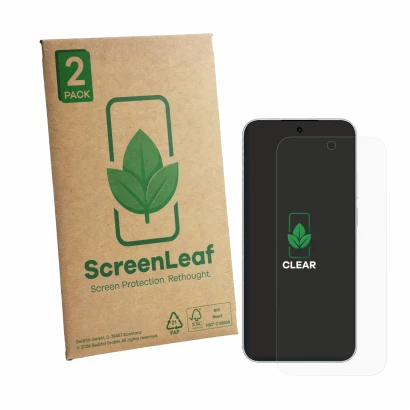 Vorderseite einer Produktverpackung mit dem Markenlogo ScreenLeaf. Daneben ist das Gerät Huawei Nova 16 mit dem zugehörigen Di