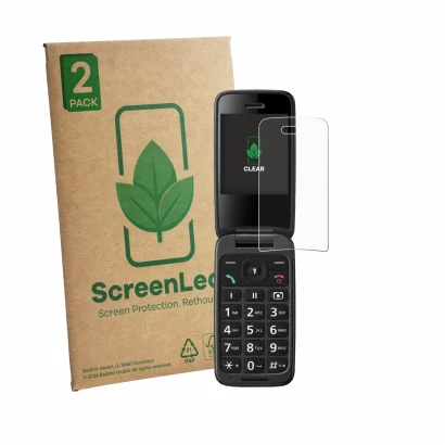 Vorderseite einer Produktverpackung mit dem Markenlogo ScreenLeaf. Daneben ist das Gerät Panasonic KX-TU410 mit dem zugehörige