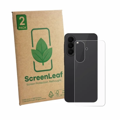 Vorderseite einer Produktverpackung mit dem Markenlogo ScreenLeaf. Daneben ist das Gerät Samsung Galaxy A27 5G (Rückseite) mit