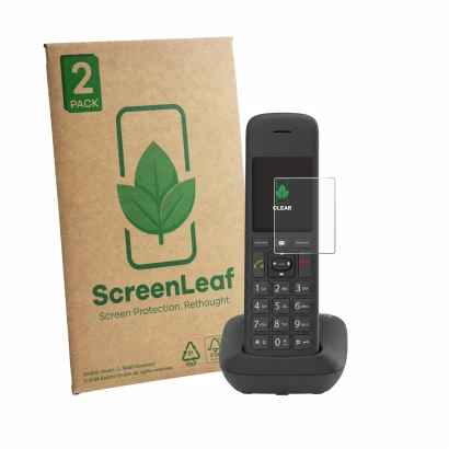 Vorderseite einer Produktverpackung mit dem Markenlogo ScreenLeaf. Daneben ist das Gerät Gigaset C575 mit dem zugehörigen Disp