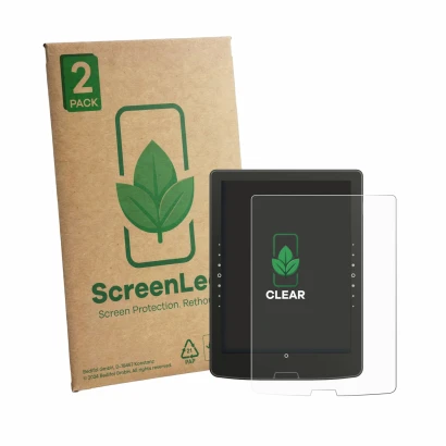 Vorderseite einer Produktverpackung mit dem Markenlogo ScreenLeaf. Daneben ist das Gerät inkBOOK Solaris mit dem zugehörigen D