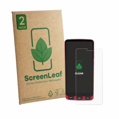 Vorderseite einer Produktverpackung mit dem Markenlogo ScreenLeaf. Daneben ist das Gerät Olympia Neo Plus mit dem zugehörigen 