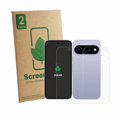 Vorderseite einer Produktverpackung mit dem Markenlogo ScreenLeaf. Daneben ist das Gerät Google Pixel 11 (Display+Rückseite) m