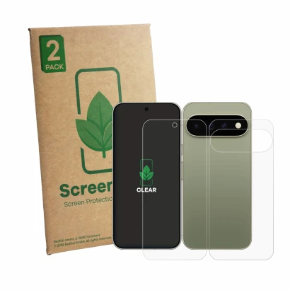 Vorderseite einer Produktverpackung mit dem Markenlogo ScreenLeaf. Daneben ist das Gerät Google Pixel 11 Pro XL (Display+Rücks