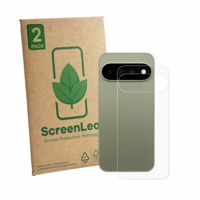 Vorderseite einer Produktverpackung mit dem Markenlogo ScreenLeaf. Daneben ist das Gerät Google Pixel 11 Pro XL (Rückseite) mi