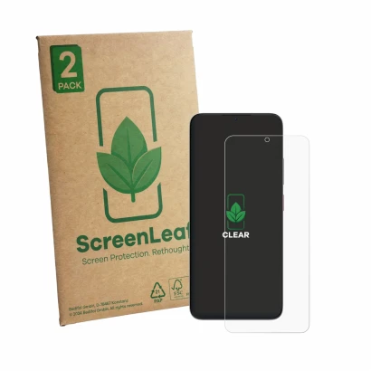 Vorderseite einer Produktverpackung mit dem Markenlogo ScreenLeaf. Daneben ist das Gerät ZTE Blade V80 Max mit dem zugehörigen