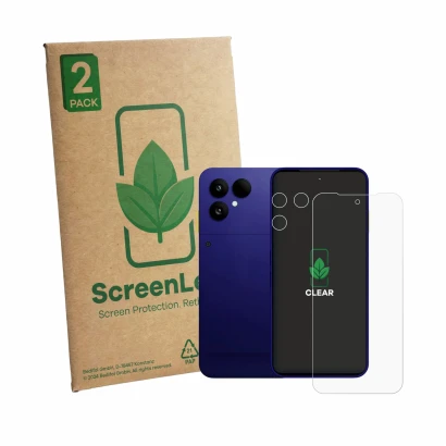 Vorderseite einer Produktverpackung mit dem Markenlogo ScreenLeaf. Daneben ist das Gerät Fairphone 6 Plus (Display+Kamera) mit