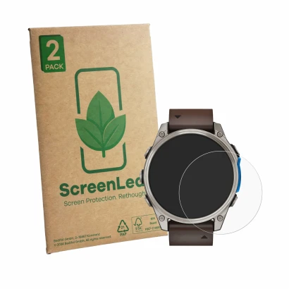 Vorderseite einer Produktverpackung mit dem Markenlogo ScreenLeaf. Daneben ist das Gerät Garmin D2 Mach 2 (47 mm) mit dem zuge