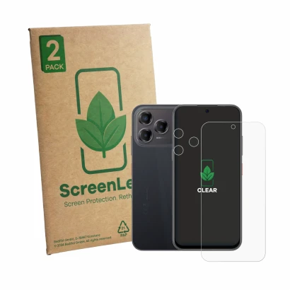 Vorderseite einer Produktverpackung mit dem Markenlogo ScreenLeaf. Daneben ist das Gerät ZTE Blade V80 Pro (Display+Kamera) mi