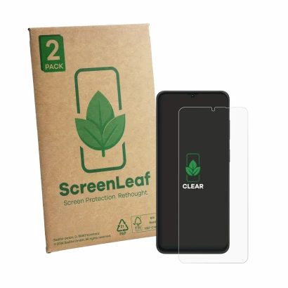 Vorderseite einer Produktverpackung mit dem Markenlogo ScreenLeaf. Daneben ist das Gerät Neow Safe mit dem zugehörigen Display