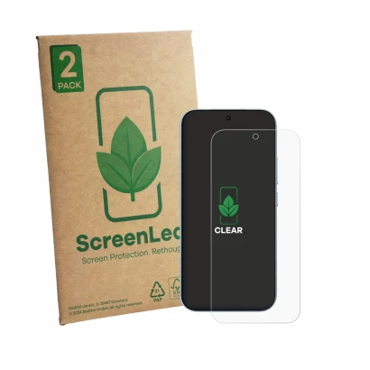 Vorderseite einer Produktverpackung mit dem Markenlogo ScreenLeaf. Daneben ist das Gerät Xiaomi 17T (case-friendly) mit dem zu