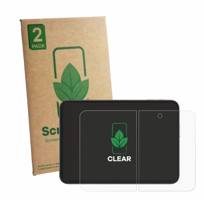 Vorderseite einer Produktverpackung mit dem Markenlogo ScreenLeaf. Daneben ist das Gerät Apple iPhone Duo (Inneres Display) mi