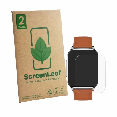 Vorderseite einer Produktverpackung mit dem Markenlogo ScreenLeaf. Daneben ist das Gerät Knauermann PRO 2 PLUS 2023 mit dem zu