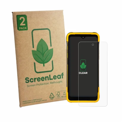Vorderseite einer Produktverpackung mit dem Markenlogo ScreenLeaf. Daneben ist das Gerät Trimble TDC6 mit dem zugehörigen Disp