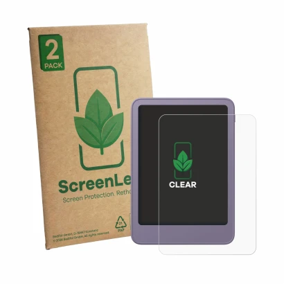 Vorderseite einer Produktverpackung mit dem Markenlogo ScreenLeaf. Daneben ist das Gerät Amazon Kindle 2026 mit dem zugehörige