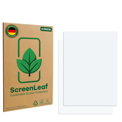 Vorderseite einer Produktverpackung mit dem Markenlogo ScreenLeaf. Daneben ist der zugehörige Displayschutz.