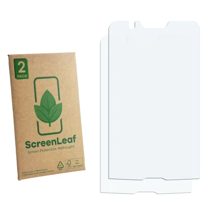Vorderseite einer Produktverpackung mit dem Markenlogo ScreenLeaf. Daneben ist der zugehörige Displayschutz.