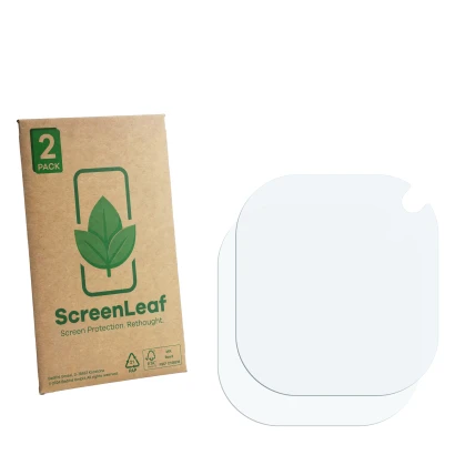 Vorderseite einer Produktverpackung mit dem Markenlogo ScreenLeaf. Daneben ist der zugehörige Displayschutz.