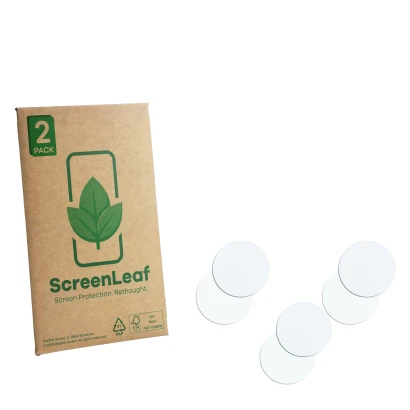Vorderseite einer Produktverpackung mit dem Markenlogo ScreenLeaf. Daneben ist der zugehörige Displayschutz.