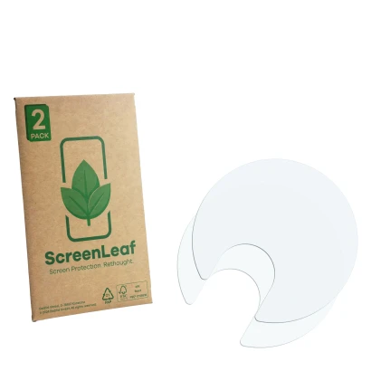 Vorderseite einer Produktverpackung mit dem Markenlogo ScreenLeaf. Daneben ist der zugehörige Displayschutz.
