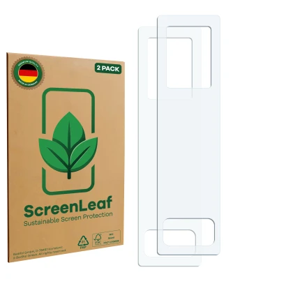 Vorderseite einer Produktverpackung mit dem Markenlogo ScreenLeaf. Daneben ist der zugehörige Displayschutz.