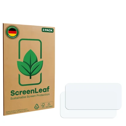 Vorderseite einer Produktverpackung mit dem Markenlogo ScreenLeaf. Daneben ist der zugehörige Displayschutz.