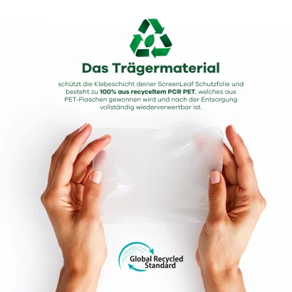 Informationen über das recycelte Trägermaterial, welches zu 100% aus recycletem PCR PET besteht. Unten ist das Logo der "Globa
