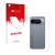 Vorderseite einer Produktverpackung mit dem Markenlogo upscreen. Daneben ist das Gerät Google Pixel 10 Pro XL (Rückseite) mit 