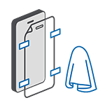 Grafik mit Schutzfolie, Positionierungshilfen und Mikrofasertuch – Zubehör zur Anbringung von Displayschutz.